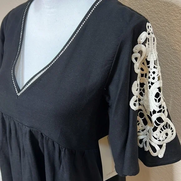 NWT Zara Black Linen & Lace Blouse - Picture 2 of 8